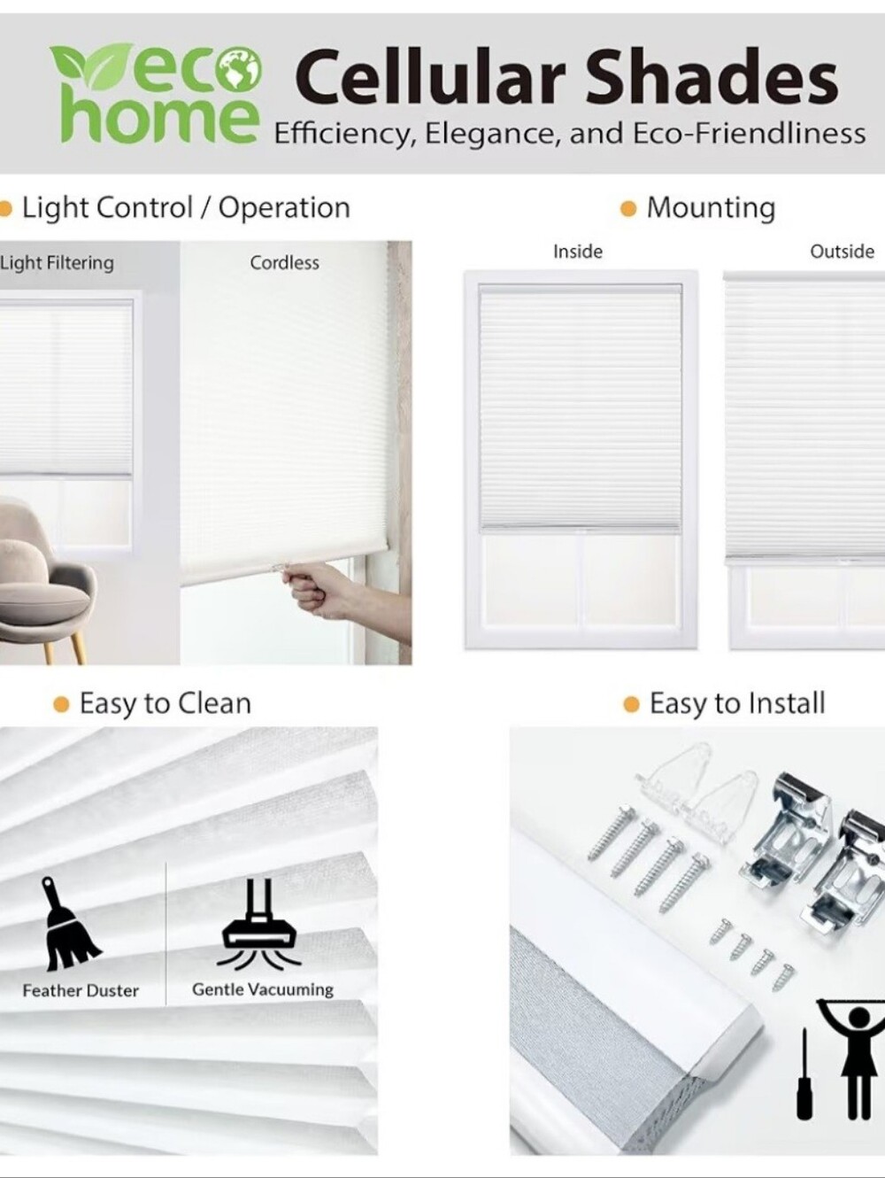 4 eco home Cellular Shades - White Cordless Window Blind